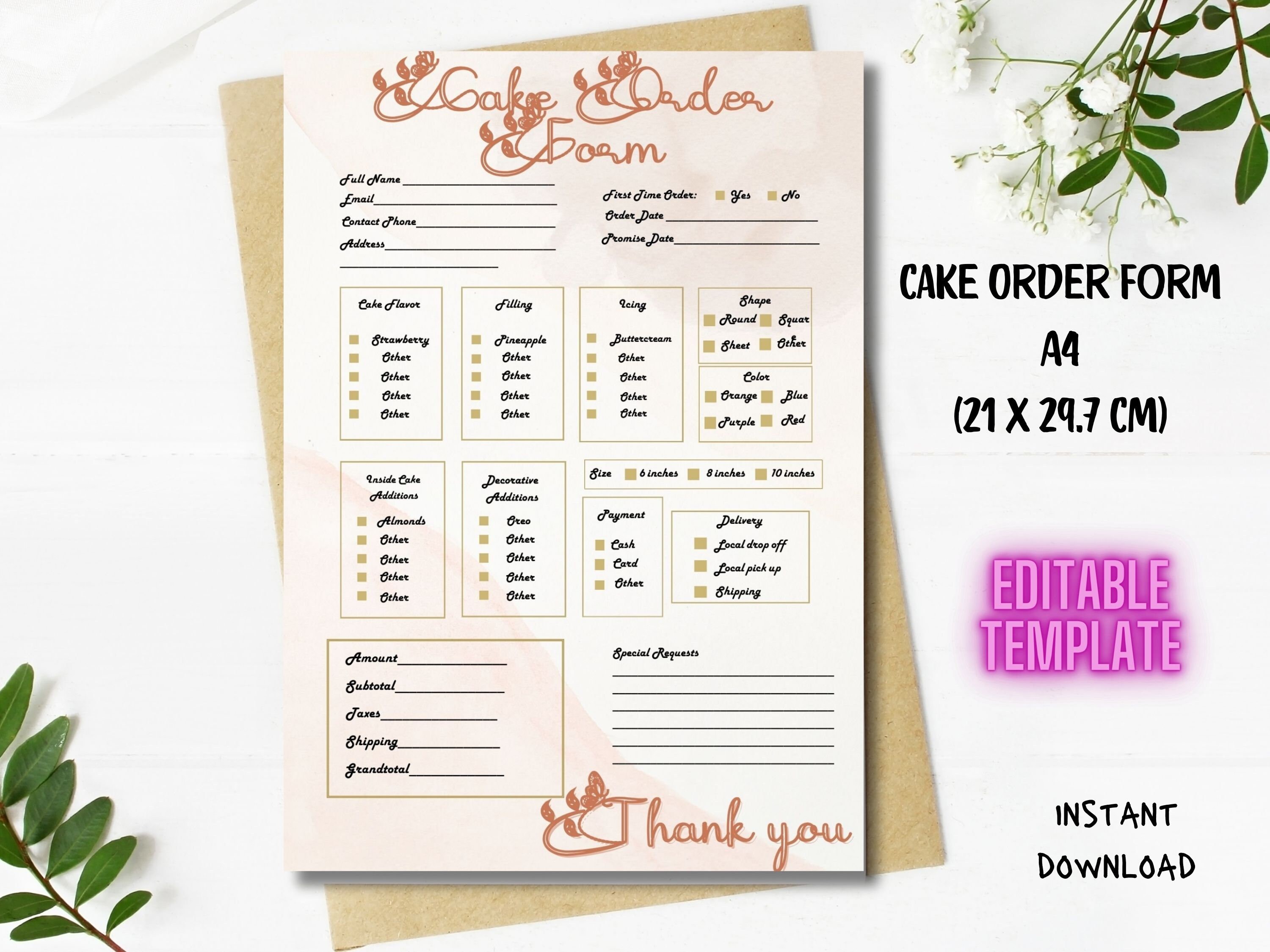 Editable Cake Order Form Template Bakery Order Form Cookie Order Form ...