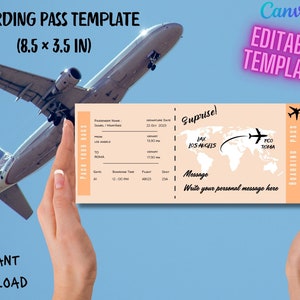 Plantilla de tarjeta de embarque editable Tarjeta de embarque de Canva Viaje sorpresa Tarjeta de embarque personalizada Plantilla de Canva Boleto de avión imprimible digital