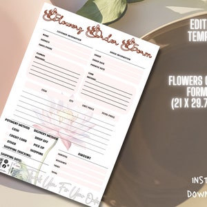 EDITABLE FLORIST ORDER Form Wedding Flowers Printable Flowers Order Form Template Florist Business Order Sheet Flower Arrangements Service
