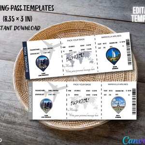 Editable Boarding Pass Template Plane Ticket Template Surprise Vacation Reveal Airline Ticket Gift Fake Boarding Pass Canva Template