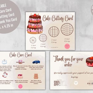 Cake Care Cards Bundle, Editable Cake Cutting Guide Cards, Printable Cake Business Thank You, Cake Business Packaging Canva Template