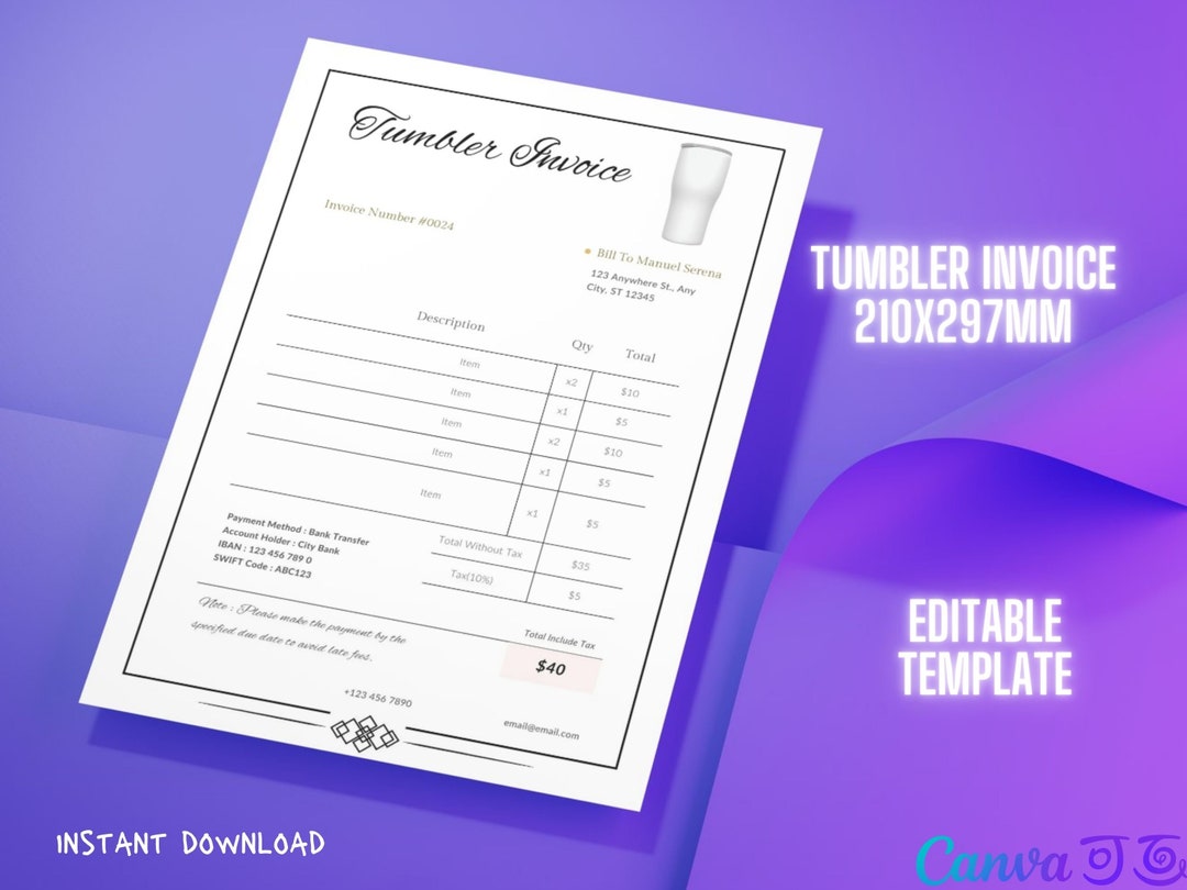 Printable Tumbler Invoice Template Editable Cup Invoice Sublimation