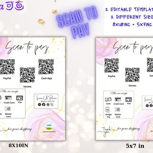Carte modifiable Scan to Pay Panneau QR code Panneau Scan to Pay Paiement imprimable Panneau CashApp pour petites entreprises Paiement Paypal Venmo imprimable