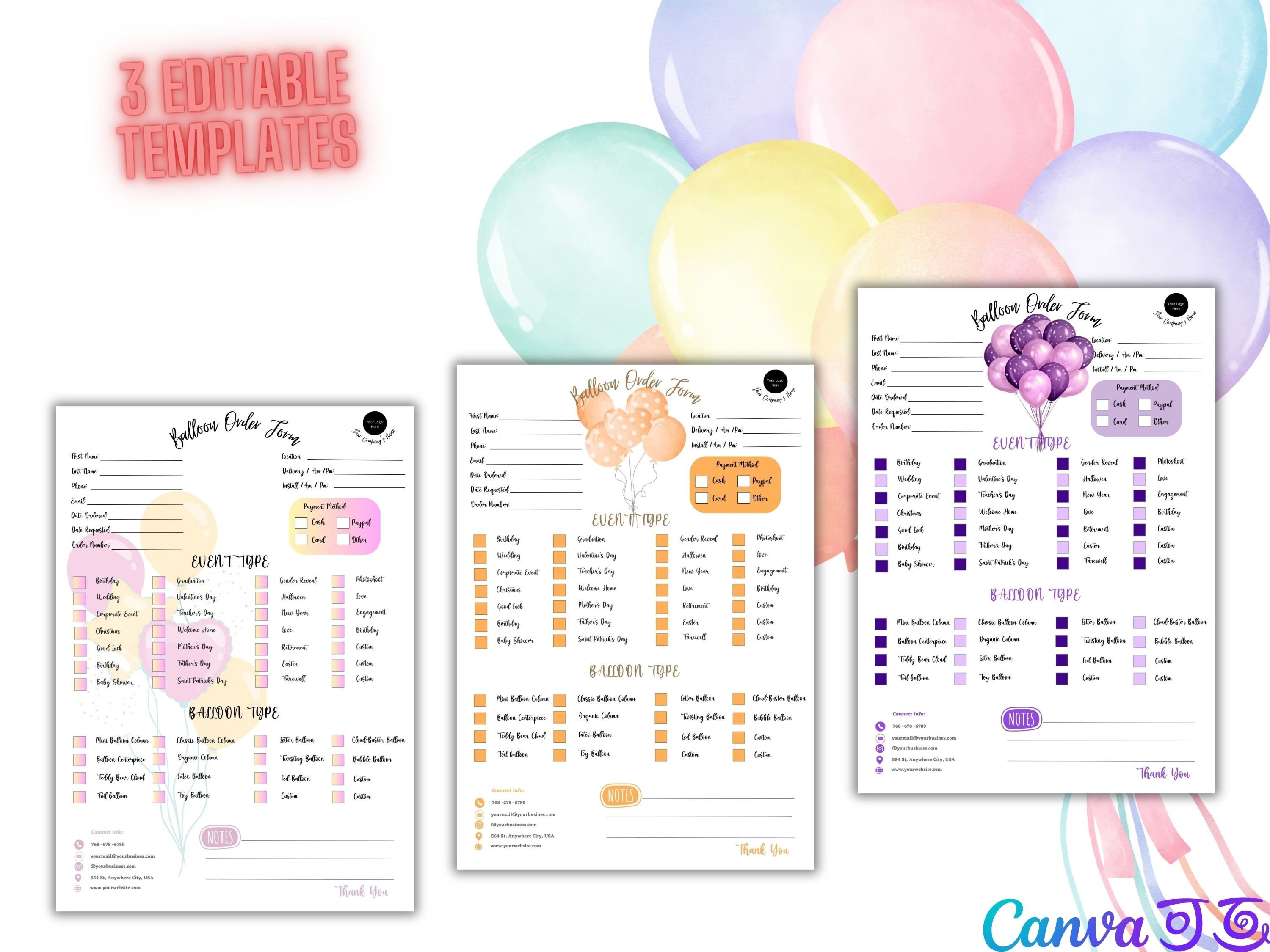 Balloon Order Form Template Editable Balloon Order Tracker Custom ...