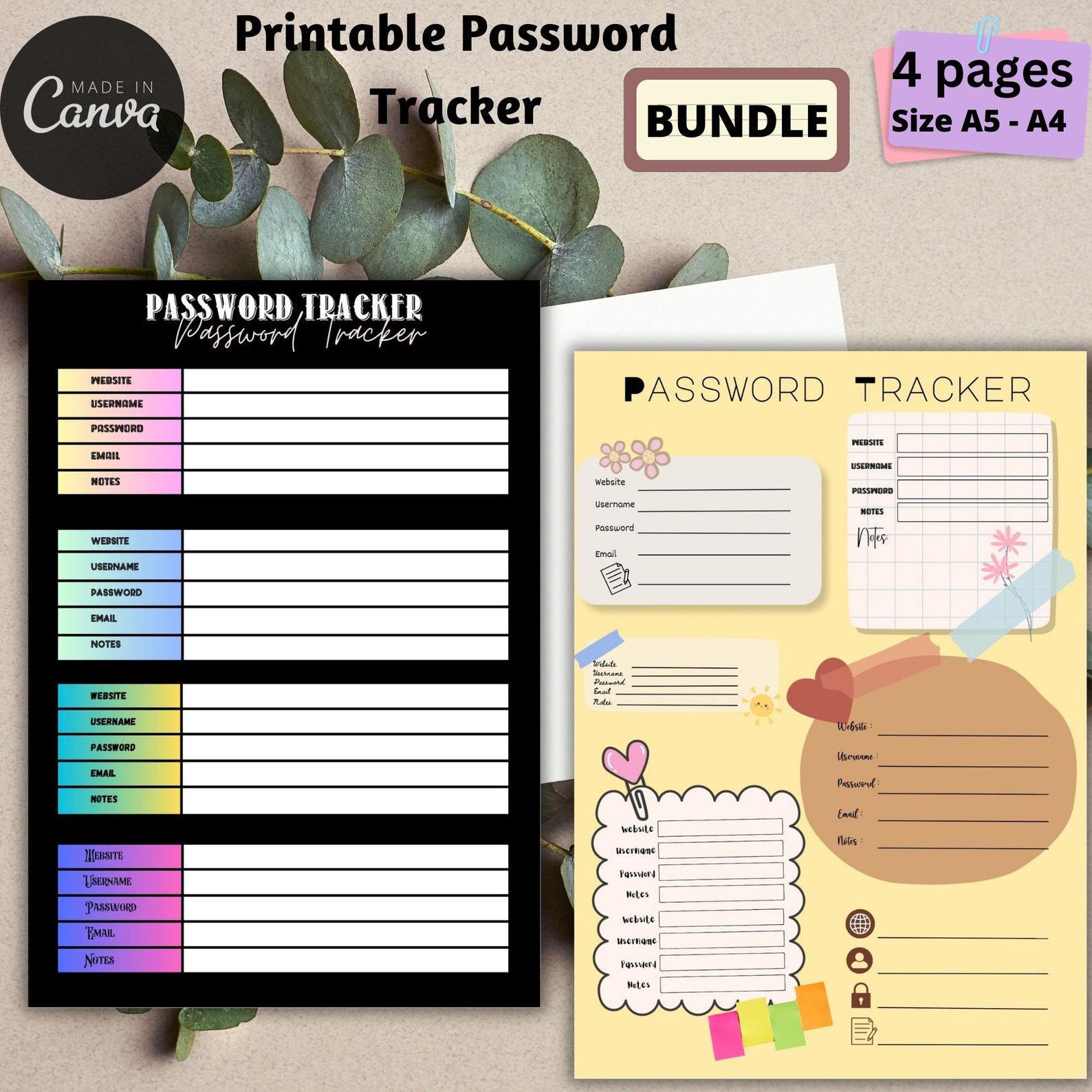 Editable Fillable Password Tracker BUNDLE, 4 Printable Password Log