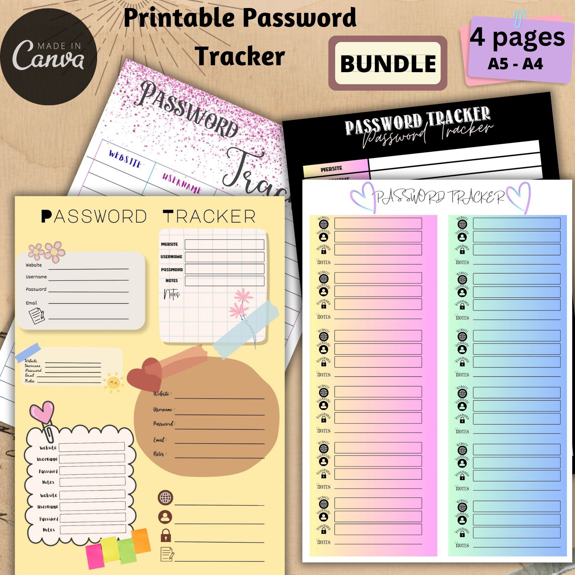 Editable Fillable Password Tracker BUNDLE, 4 Printable Password Log