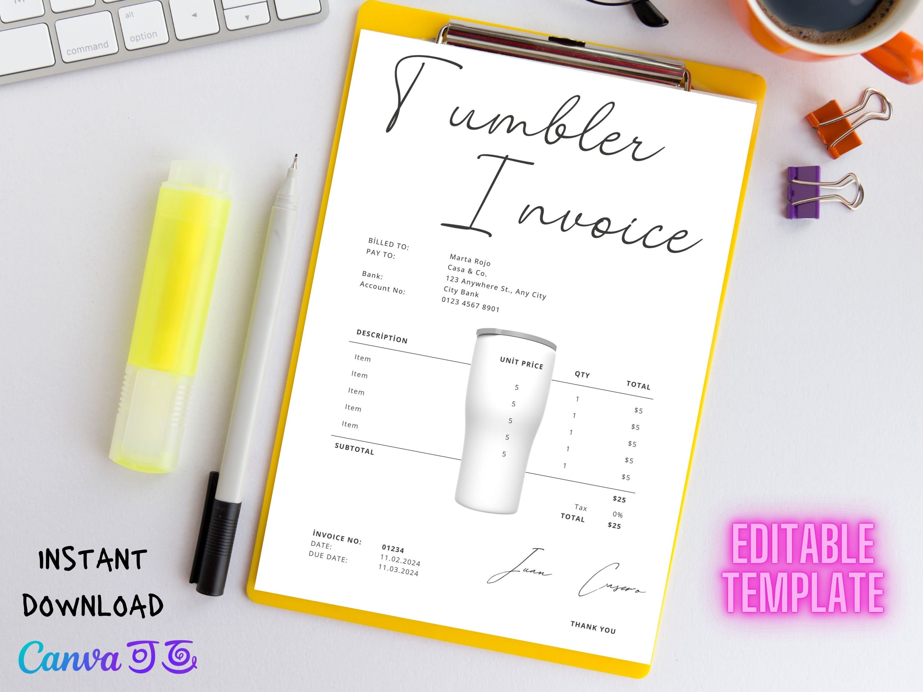 Printable Tumbler Invoice Template Editable Cup Invoice Sublimation