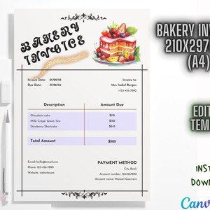 Bäckerei Rechnung bearbeitbare Vorlage DIY bearbeiten Geschäftsrechnung Form druckbare Bestellformular druckbare Hochzeitstorte Kundenrechnung