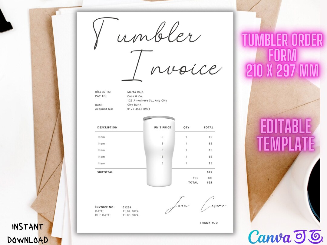 Printable Tumbler Invoice Template Editable Cup Invoice Sublimation