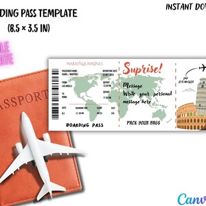 Plantilla de tarjeta de embarque editable Tarjeta de embarque de Canva Viaje sorpresa Tarjeta de embarque personalizada Plantilla de Canva Boleto de avión imprimible digital