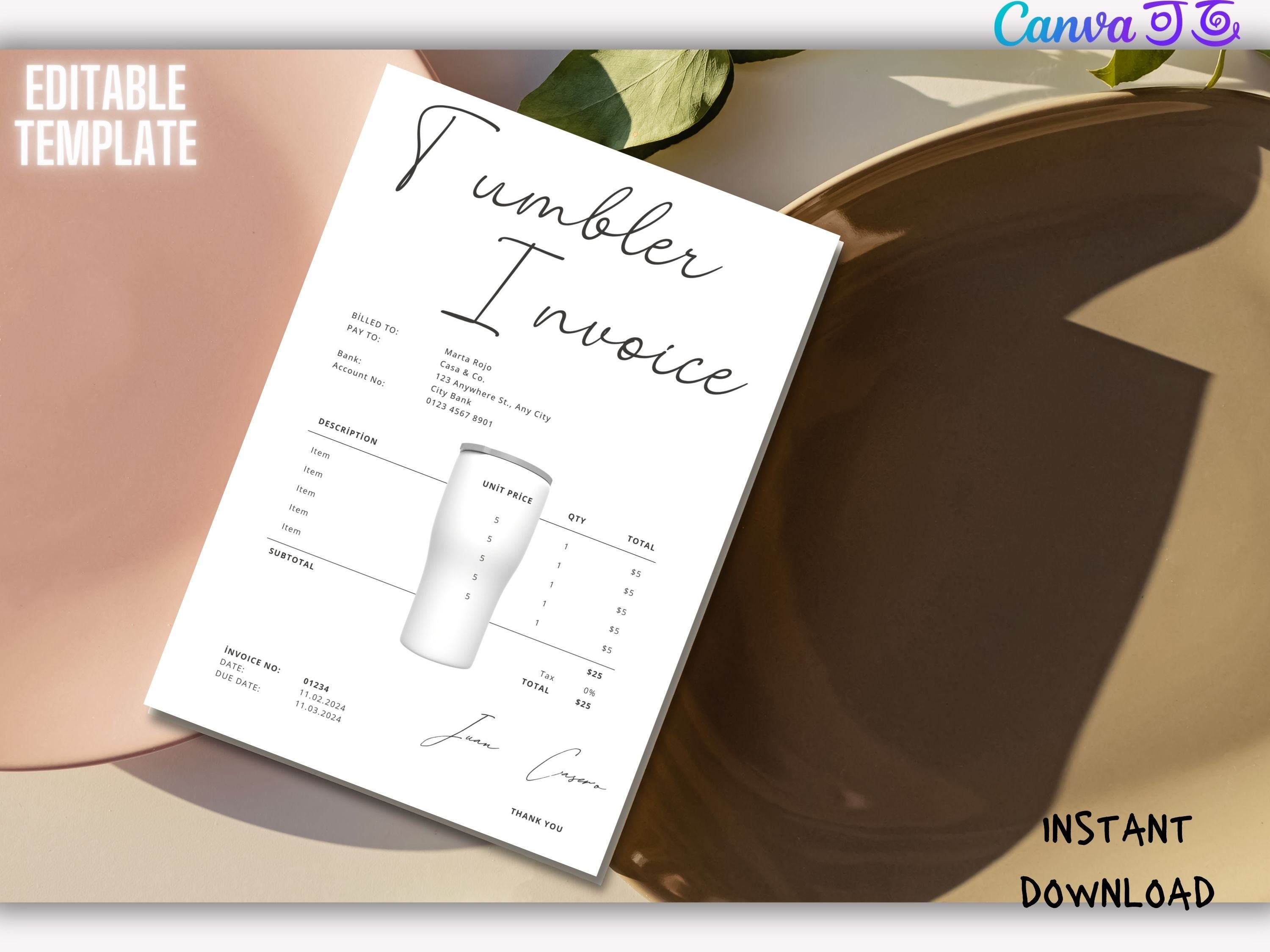 Printable Tumbler Invoice Template Editable Cup Invoice Sublimation