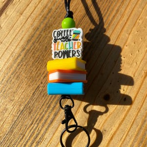 Beaded Teacher Lanyard: Stacked Book & Coffee Design