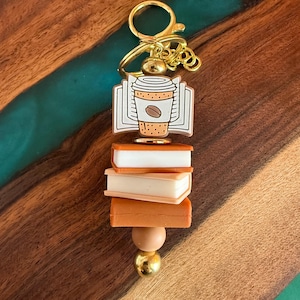 Handmade Stacked Books Keychain: Bookworm Coffee Charm