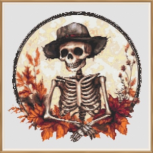 Autumn Skeleton Cross Stitch Pattern: Spooky Halloween Decor (Digital Download)