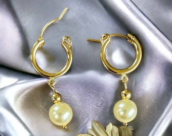 14k Gold filled Huggie Earrings (closed hinged  loops) with dangling gemstone or gold ball. Also with Swarovski pearls and fresh water pearl