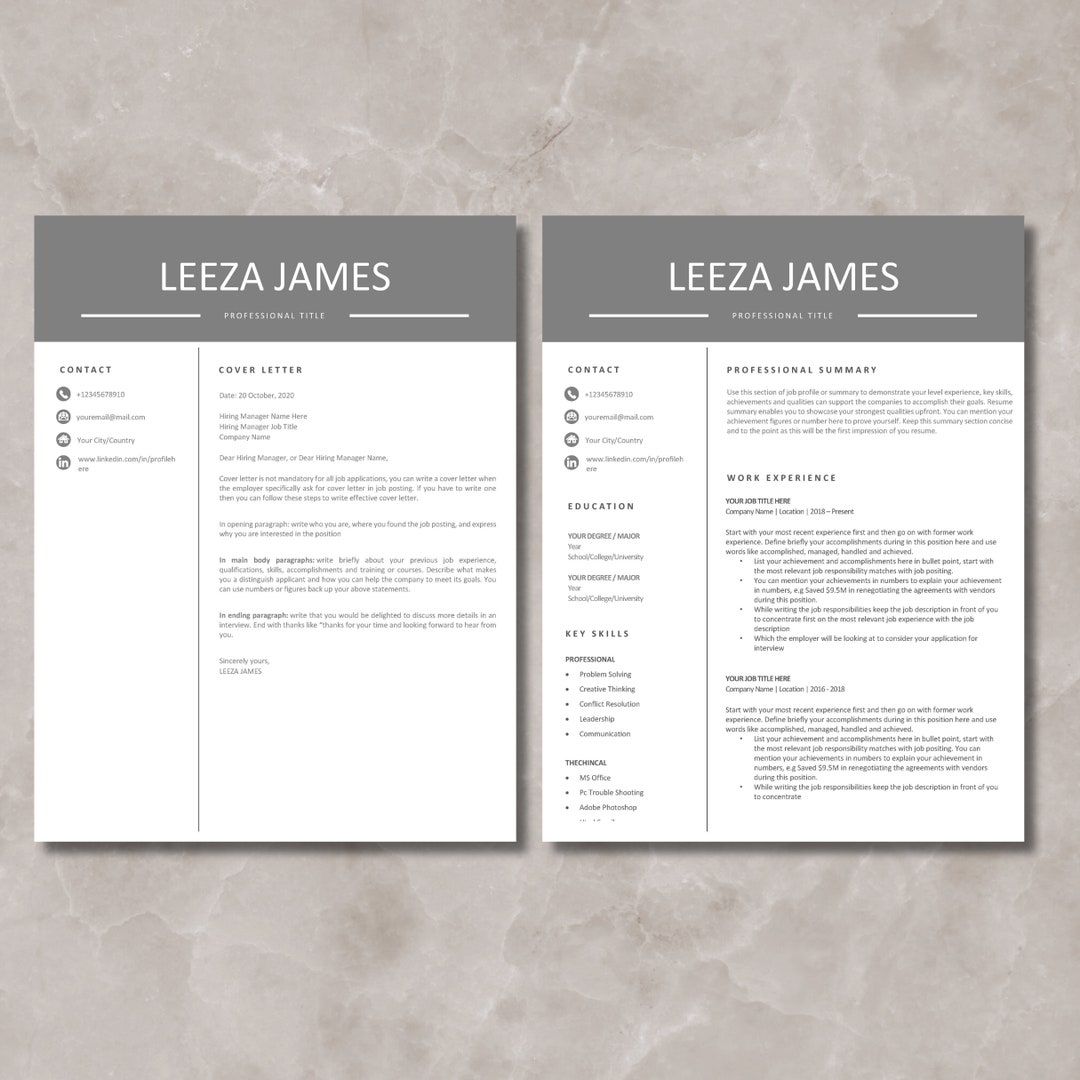 Clean Modern Resume Template 4 Page CV Template Cover - Etsy