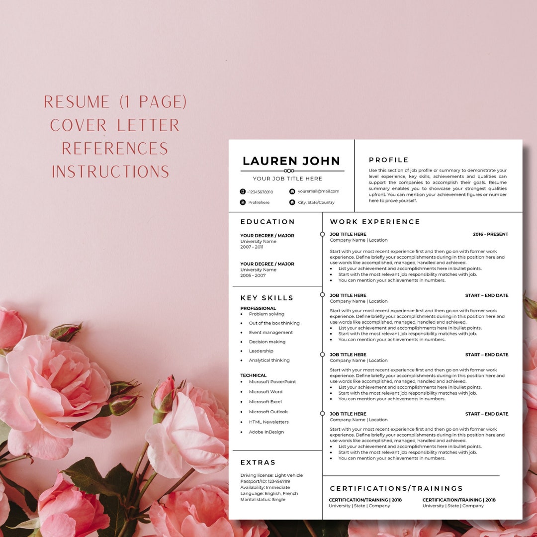 Clean Modern Resume Template CV Template Cover Letter References for MS ...