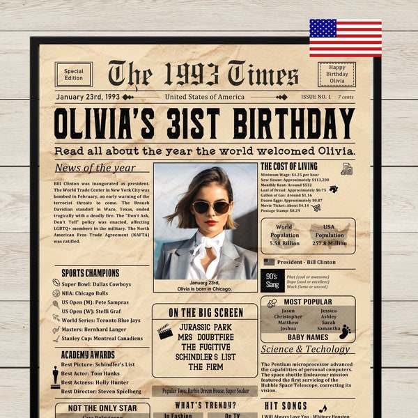 31st Birthday Newspaper Poster, 31st Birthday Gift for Him or Her, 31st Birthday Decorations, Gifts for Men, Gifts for Women, Back in 1993