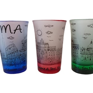 Limoncello liqueur glasses in frosted glass Rome monuments 6 pieces assorted colors