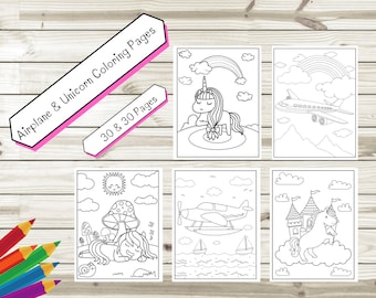 Unicorn & Airplane Coloring Pages – 60 Sheet Collection (Digital Download)