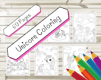 60 Unicorn Coloring Pages – Rainbows, Castles, and Hearts (Digital Download)