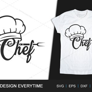May include: Black and white design of a chef's hat with a fork and the word "Chef" in a stylized font. The design is on a white t-shirt.