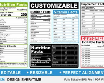 Editable Nutrition Facts Template Design, Customize Nutrition Label Template, Supplement Facts, Supplement Label, Editable Label Design
