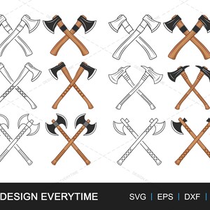 May include: Set of nine crossed axe illustrations. The axes are in various styles, including black and white outlines and coloured versions with brown handles. The axes are crossed in a variety of positions.
