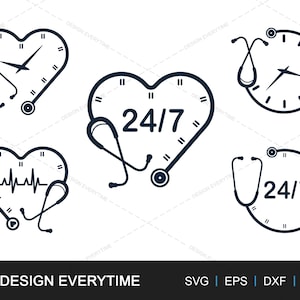 May include: Four black and white illustrations of a heart-shaped clock with a stethoscope. The first clock has hands pointing to 12:00. The second clock has the text "24/7" inside. The third clock has a heartbeat line inside. The fourth clock has the text "24/7" inside.