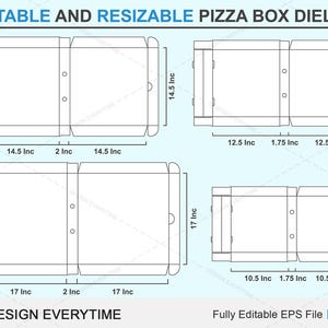 Editable Pizza Box Dieline Design Bundle, Resizable Die cut Design For Pizza Box,  Pizza Box dieline, Custom Die cut