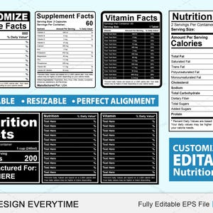 Op de afbeelding: Zwart-witte voedingswaarde-etiket sjabloon met aanpasbare tekstvelden. De sjabloon bevat secties voor portiegrootte, calorieën, totaal vet, verzadigd vet, transvet, onverzadigd vet, enkelvoudig onverzadigd vet, cholesterol, natrium, totale koolhydraten, vezels, totale suikers, toegevoegde suikers en eiwit. De sjabloon is volledig bewerkbaar en kan worden gebruikt voor een verscheidenheid aan voedingsmiddelen.