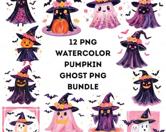 Watercolor Halloween Ghost Clipart | Witchy Pumpkin PNG Bundle (Digital Download)