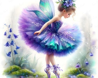 Fairy Ballerina Art Print, Bluebell Flower, Nursery Decor (Digital Download)