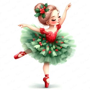 Può includere: Illustrazione ad acquerello di una ballerina in un abito a tema natalizio. La ballerina indossa un tutù rosso e verde ornato di agrifoglio e bacche, scarpette rosse da punta e un fermaglio per capelli con agrifoglio. I suoi occhi sono chiusi ed è in posa sulle punte.