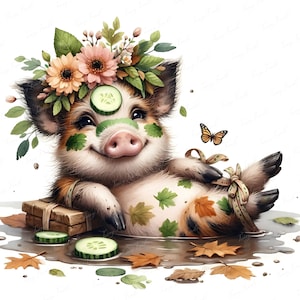 Cute Spa Piglet Clipart Bundle | 12 Fall Pig Spa Art Prints | Funny Self Care Animal Clipart | Piglet Cucumber Mask JPEG | Instant Download