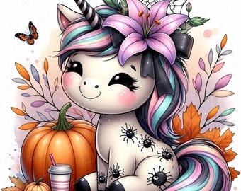 ハロウィンユニコーンクリップアートバンドル：かわいいカボチャの花のアート（商用利用、JPEG、デジタルダウンロード）