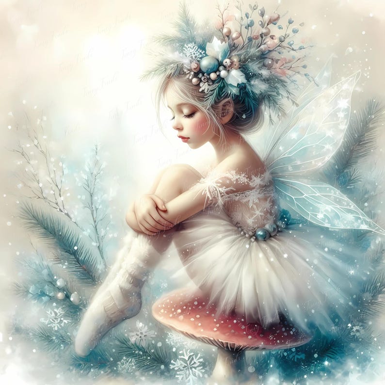 Snow princess fairy ballerina with frost-tipped wings and pastel tutu, sitting on red mushroom in dreamy winter forest setting. High resolution JPEG 5000x5000 px, 300 dpi for use in digital planners, nursery decor, sublimation projects, stickers, cards, or magical Christmas clipart. Popular on Etsy for ballerina fans and holiday crafting, this whimsical winter girl art is perfect for fairytale sublimation projects, ballet printables, and enchanted seasonal designs.