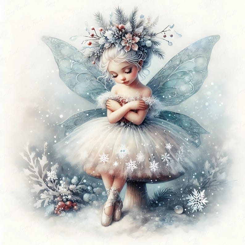 Magical winter fairy ballerina image with frosted forest vibes, wearing ballet slippers and glittery wings, sitting atop a toadstool mushroom. JPEG 5000x5000 px, 300 dpi clipart suitable for Christmas DIY art, stickers, kids decor, ballerina planner graphics, and seasonal crafts. Great for Etsy creators making whimsical ballerina art, ballet clipart collections, woodland frost fairy bundles, holiday card printables, and snowy digital artwork.