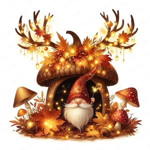 Puede incluir: Ilustración caprichosa de un gnomo en una casa de setas, rodeado de hojas de otoño y setas. El gnomo lleva un gorro rojo y sostiene una bengala. La casa está decorada con cornamentas y luces de hadas, creando una escena cálida.