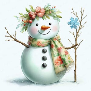 花柄雪だるまクリップアート 12 JPEG | スカーフリボン付き冬雪だるま | クリスマス昇華 | 心地よいフロスティデジタルアート | ホリデープリンタブル