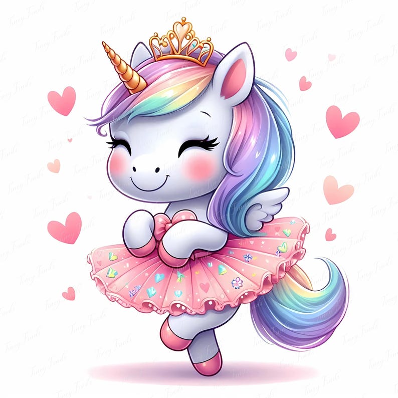 Pastel Unicorn Princess Clipart: Kawaii Ballerina Illustration (JPEG ...