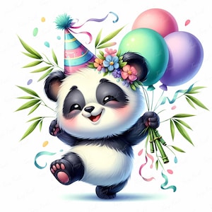 Clipart anniversaire panda aquarelle | Joli panda avec des ballons et du bambou | Imprimé animal de la jungle 12 JPEG | Art pour chambre de bébé et fête | Utilisation commerciale