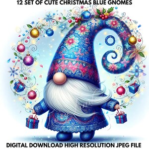 Set van 12 kerstkabouters JPEG - Scandinavische kabouterornament, kerst blauwe kabouter clipartbundel, winterkabouter, grappige kabouter, commercieel gebruik