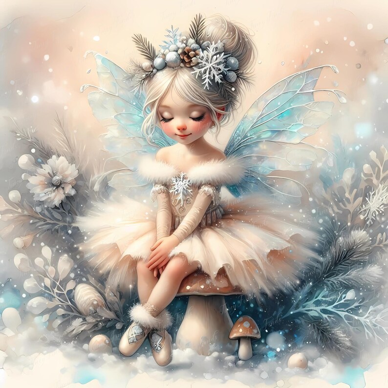 Frosty ballerina fairy clipart of winter girl with sparkling wings and snowy tutu on glowing mushroom. JPEG 5000x5000 px, 300 dpi ideal for Christmas sublimation art, ballet wall prints, greeting cards, stickers, fantasy nursery clipart, and digital holiday planners. Magical woodland fairy style for Etsy buyers looking for seasonal ballerina printables, Christmas princess decor, enchanted winter crafts, and high-resolution fairy tale digital art downloads.