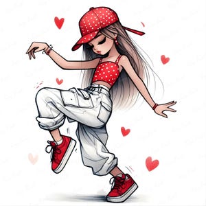 May include: Illustration of a person in a dance pose, wearing a red polka dot crop top and matching baseball cap. The person is also wearing white cargo pants and red sneakers. Red hearts are scattered around the figure.