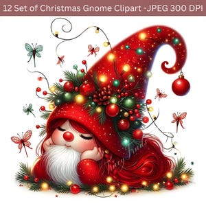 Weihnachts-Wichtel Clipart mit Weihnachtslichtern und Glühwürmchen - hochauflösende JPEG | Rot leuchtende Wichtel | 12er Set Wichtel | Süße Wichtel
