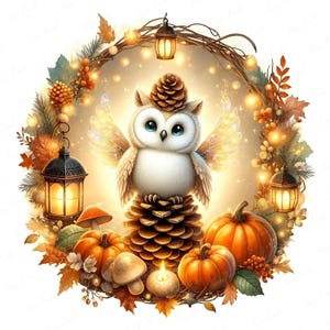 May include: A whimsical illustration of an owl with blue eyes, perched on a pinecone, wearing a pinecone hat, and surrounded by pumpkins, mushrooms, and autumn leaves. The owl has fairy wings and is set within a decorative wreath with lanterns and lights.