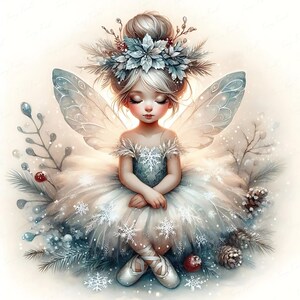 Winter ballerina fairy girl clipart sitting on toadstool with iridescent wings, white fluffy tutu, and icy floral accents. JPEG high quality 5000x5000 px, 300 dpi perfect for Christmas sticker designs, holiday ballet invitations, winter sublimation crafts, digital planners, and ballerina clipart packs. Trending fantasy girl illustration for Etsy buyers creating elegant snow fairy themed printable art for seasonal crafting and enchanted ballerina digital bundles.