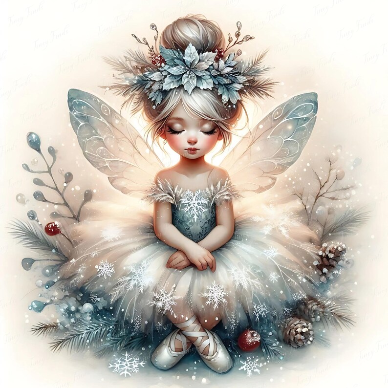 Winter ballerina fairy girl clipart sitting on toadstool with iridescent wings, white fluffy tutu, and icy floral accents. JPEG high quality 5000x5000 px, 300 dpi perfect for Christmas sticker designs, holiday ballet invitations, winter sublimation crafts, digital planners, and ballerina clipart packs. Trending fantasy girl illustration for Etsy buyers creating elegant snow fairy themed printable art for seasonal crafting and enchanted ballerina digital bundles.