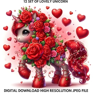 Ilustración de unicornio encantadora para diseños del Día de San Valentín, descarga digital JPEG, imágenes prediseñadas florales encantadoras, unicornio encantador, unicornio de ensueño